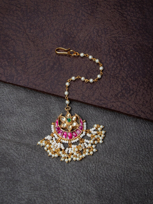 Women's Gold-Plated Pink & Off-White Kundan-Studded Beaded Handcrafted Maang Tikka