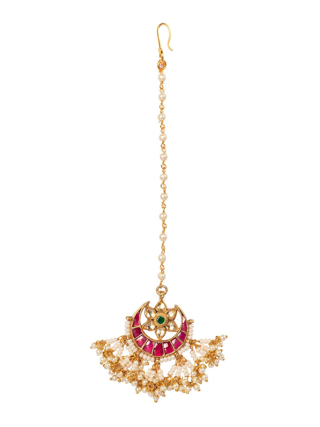 Women's Gold-Plated Pink & Off-White Kundan-Studded Beaded Handcrafted Maang Tikka