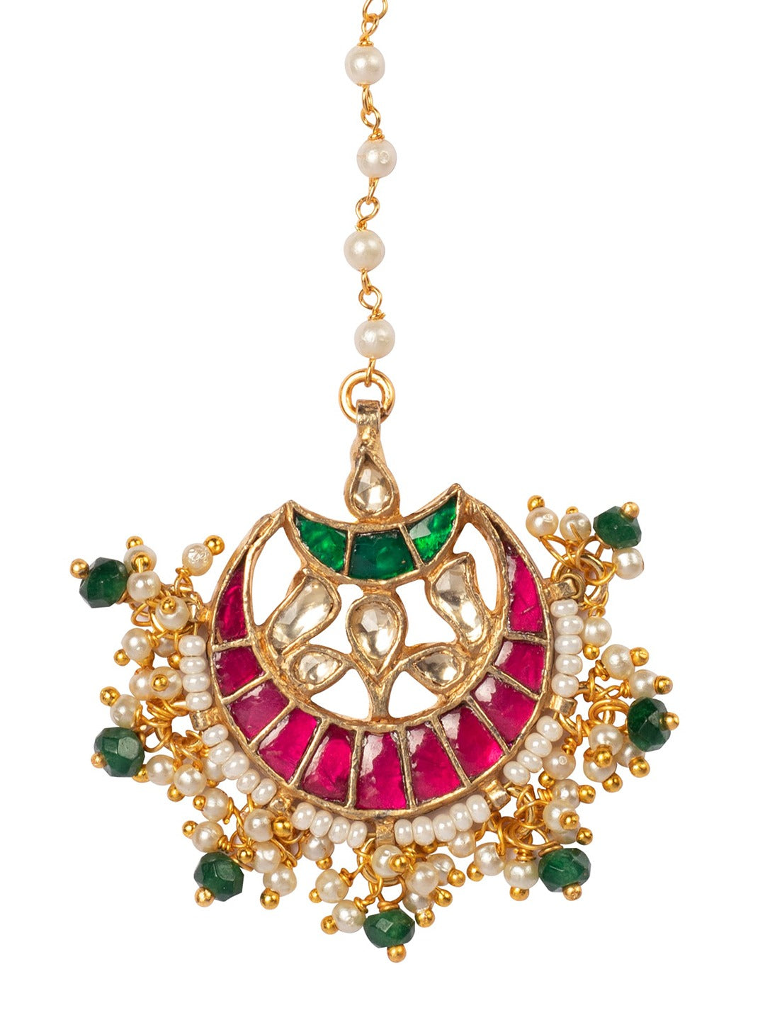 Women's Gold-Plated Pink & Green Kundan-Studded Beaded Maang Tikka