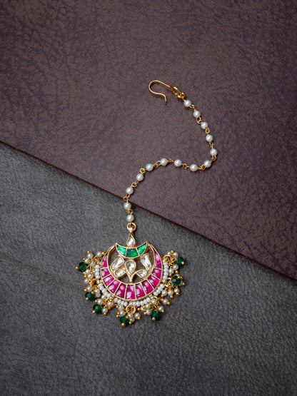 Women's Gold-Plated Pink & Green Kundan-Studded Beaded Maang Tikka