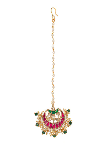 Women's Gold-Plated Pink & Green Kundan-Studded Beaded Maang Tikka