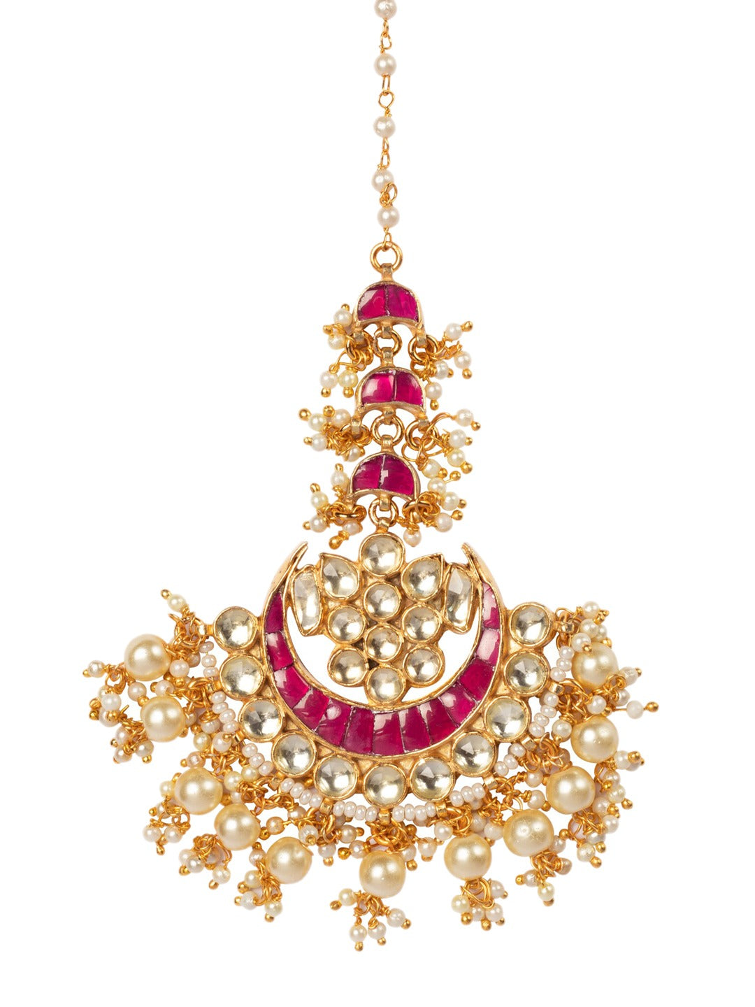 Women's Gold-Plated Pink & White Kundan-Studded Beaded Maang Tikka