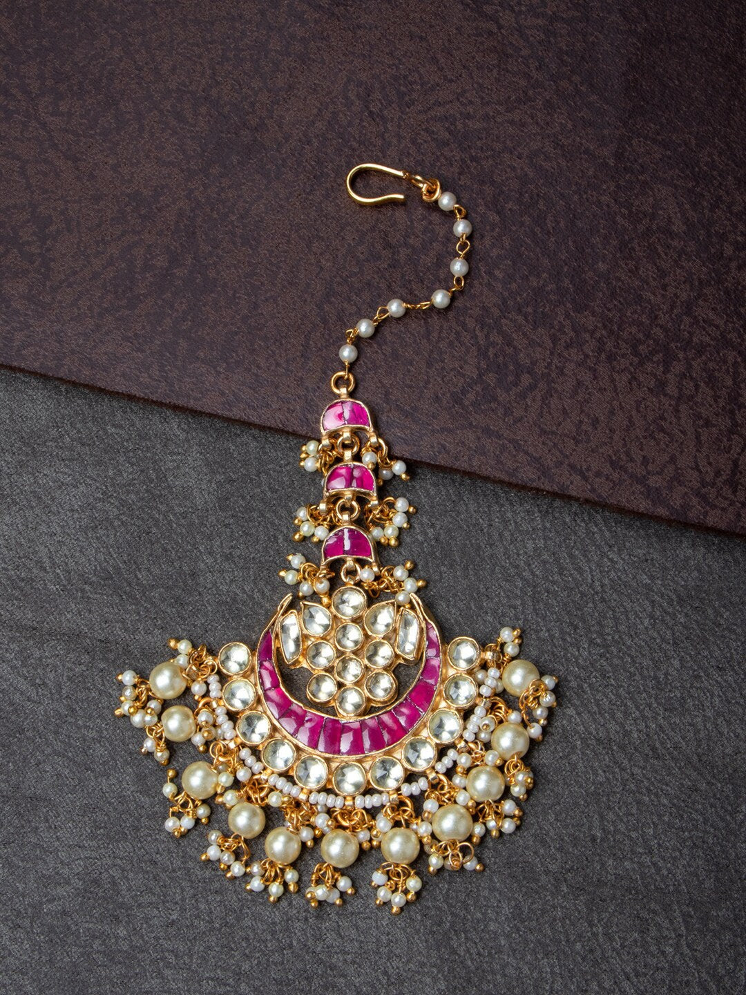 Women's Gold-Plated Pink & White Kundan-Studded Beaded Maang Tikka