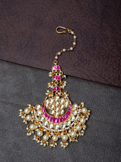 Women's Gold-Plated Pink & White Kundan-Studded Beaded Maang Tikka