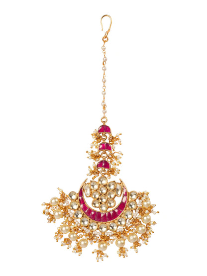 Women's Gold-Plated Pink & White Kundan-Studded Beaded Maang Tikka