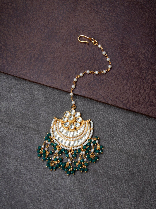 Women's Women Gold Plated Green & White Kundan-Studded Beaded Maang Tikka