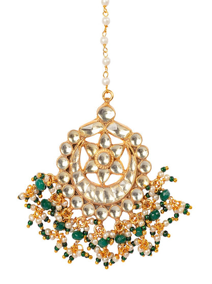 Women's Gold-Plated White & Green Kundan-Studded Beaded Maang Tikka