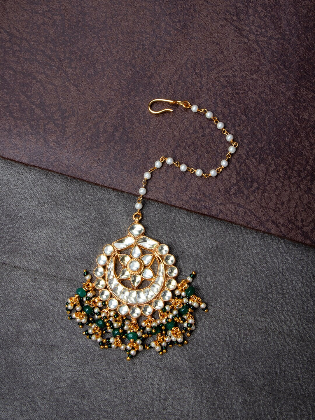 Women's Gold-Plated White & Green Kundan-Studded Beaded Maang Tikka