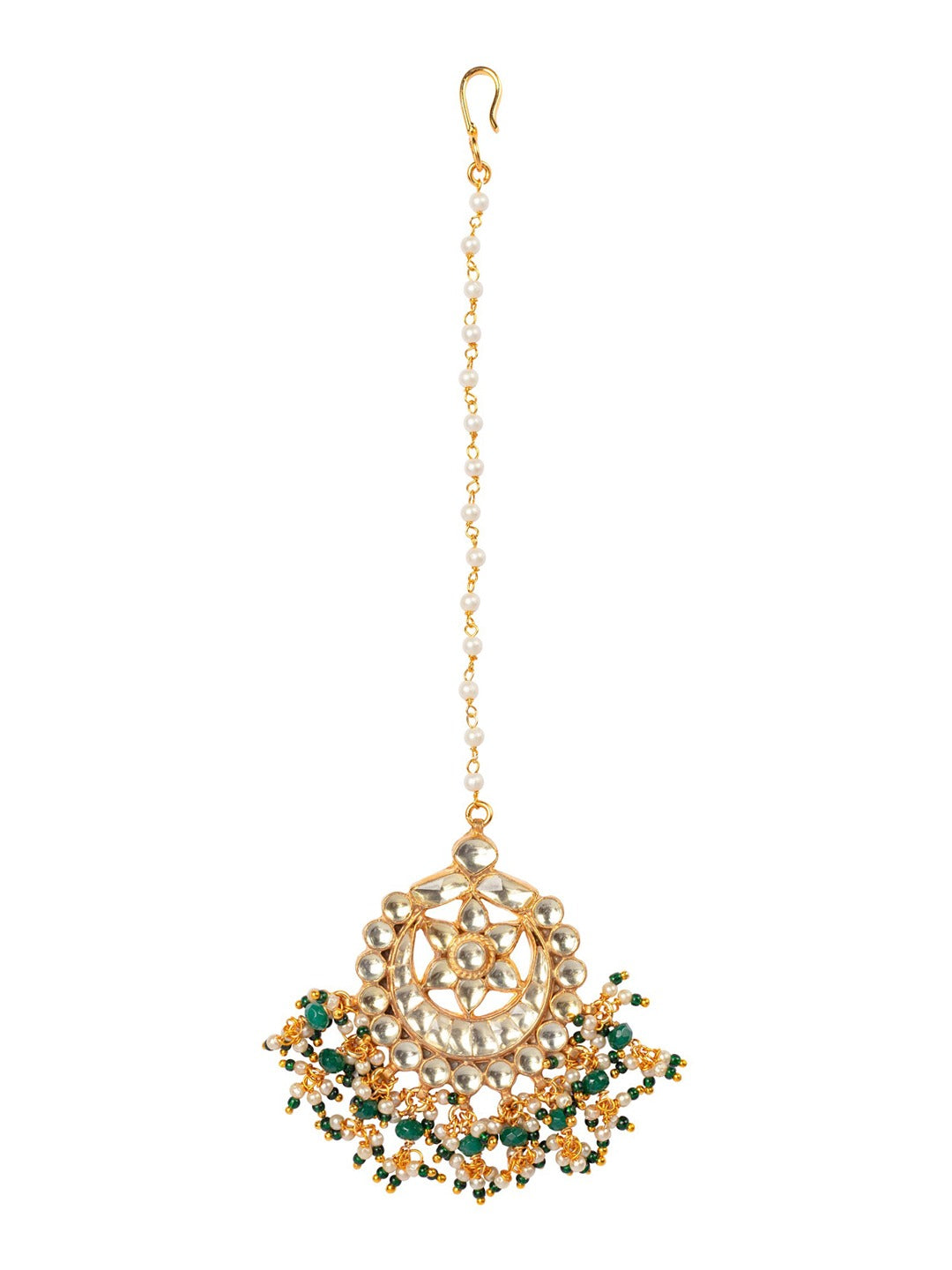 Women's Gold-Plated White & Green Kundan-Studded Beaded Maang Tikka