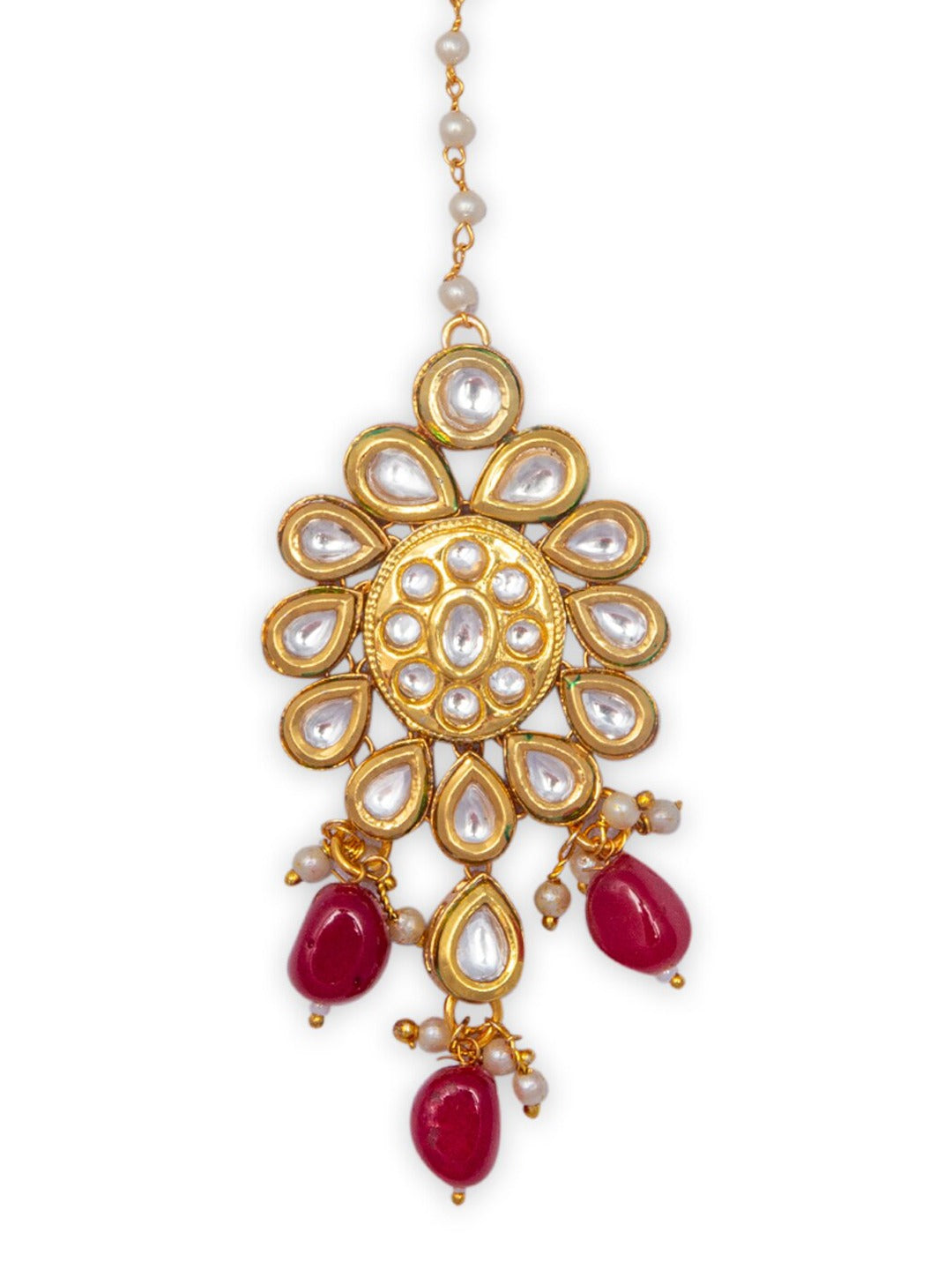 Women's Gold-Plated White & Red Kundan Embellished Maang Tikka