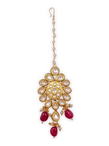 Women's Gold-Plated White & Red Kundan Embellished Maang Tikka