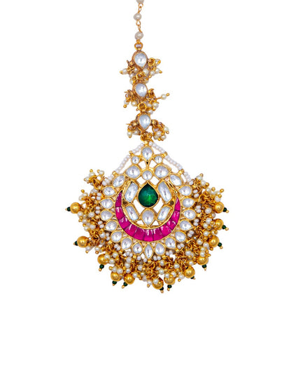 Women's Gold-Plated White & Pink Kundan & Stone-Studded Pearl Handcrafted Maang Tikka