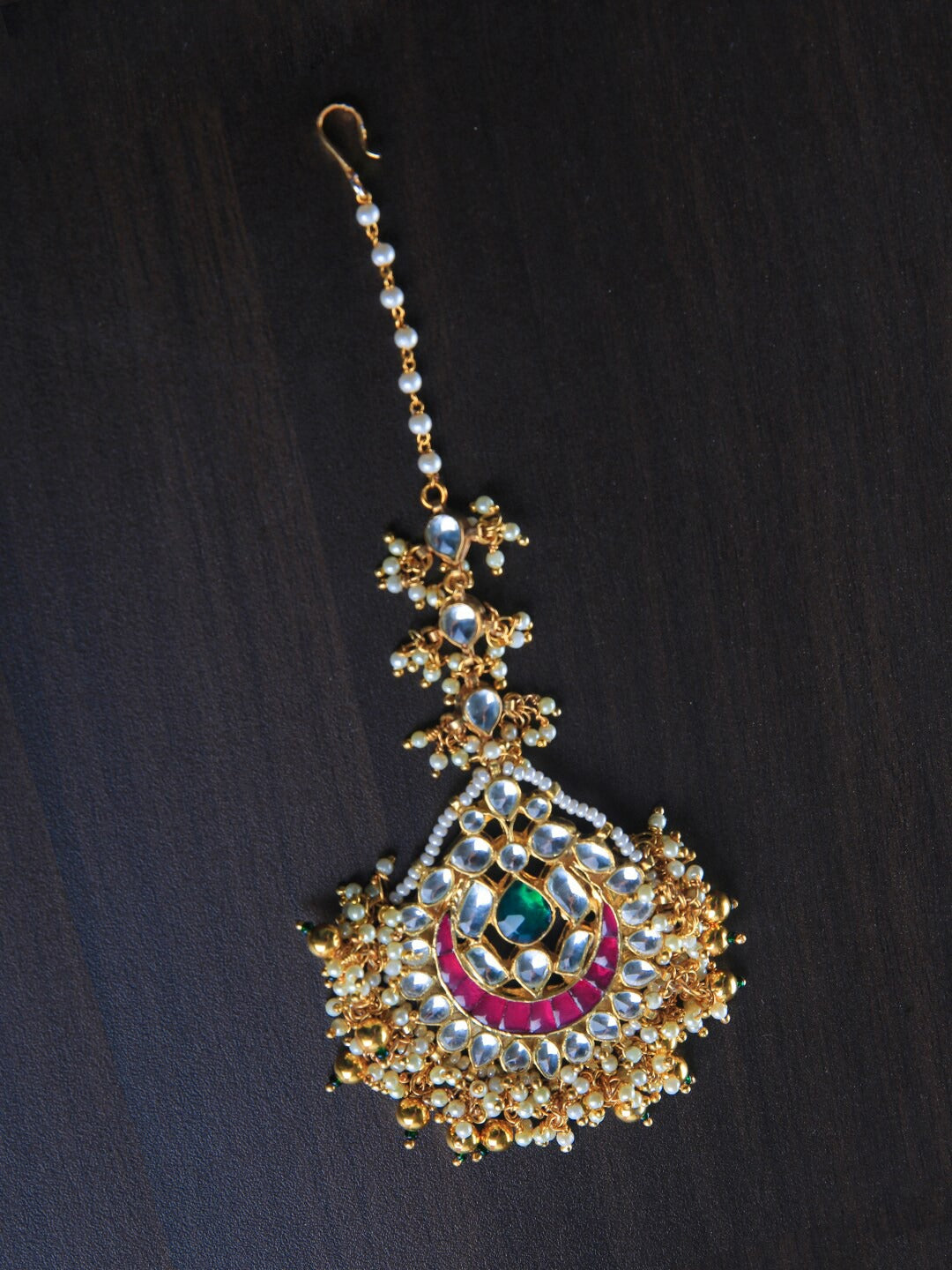 Women's Gold-Plated White & Pink Kundan & Stone-Studded Pearl Handcrafted Maang Tikka