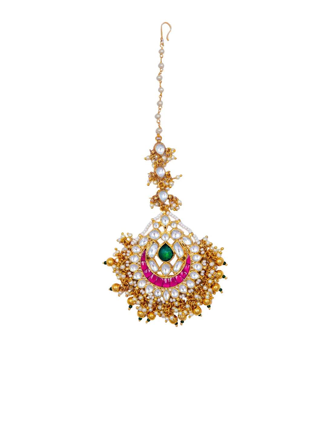 Women's Gold-Plated White & Pink Kundan & Stone-Studded Pearl Handcrafted Maang Tikka