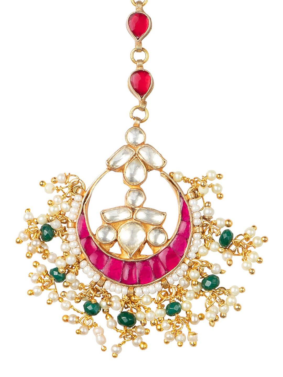 Women's Gold-Plated Pink & Green Kundan Studded And Beaded Handcrafted Maang Tikka