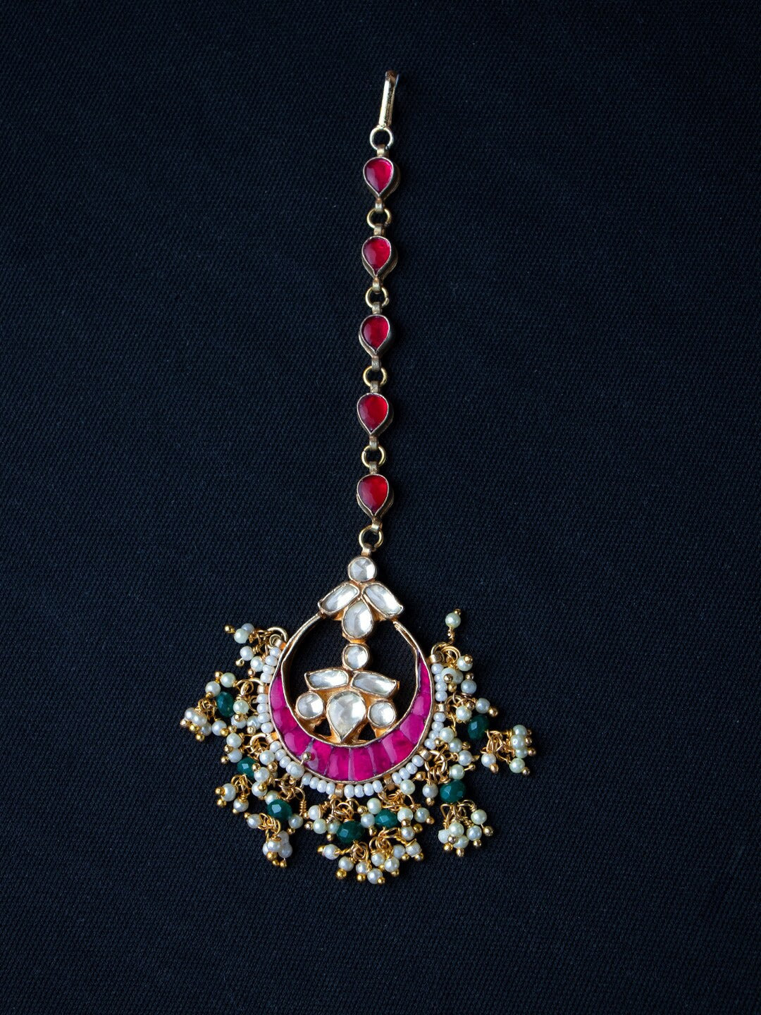 Women's Gold-Plated Pink & Green Kundan Studded And Beaded Handcrafted Maang Tikka