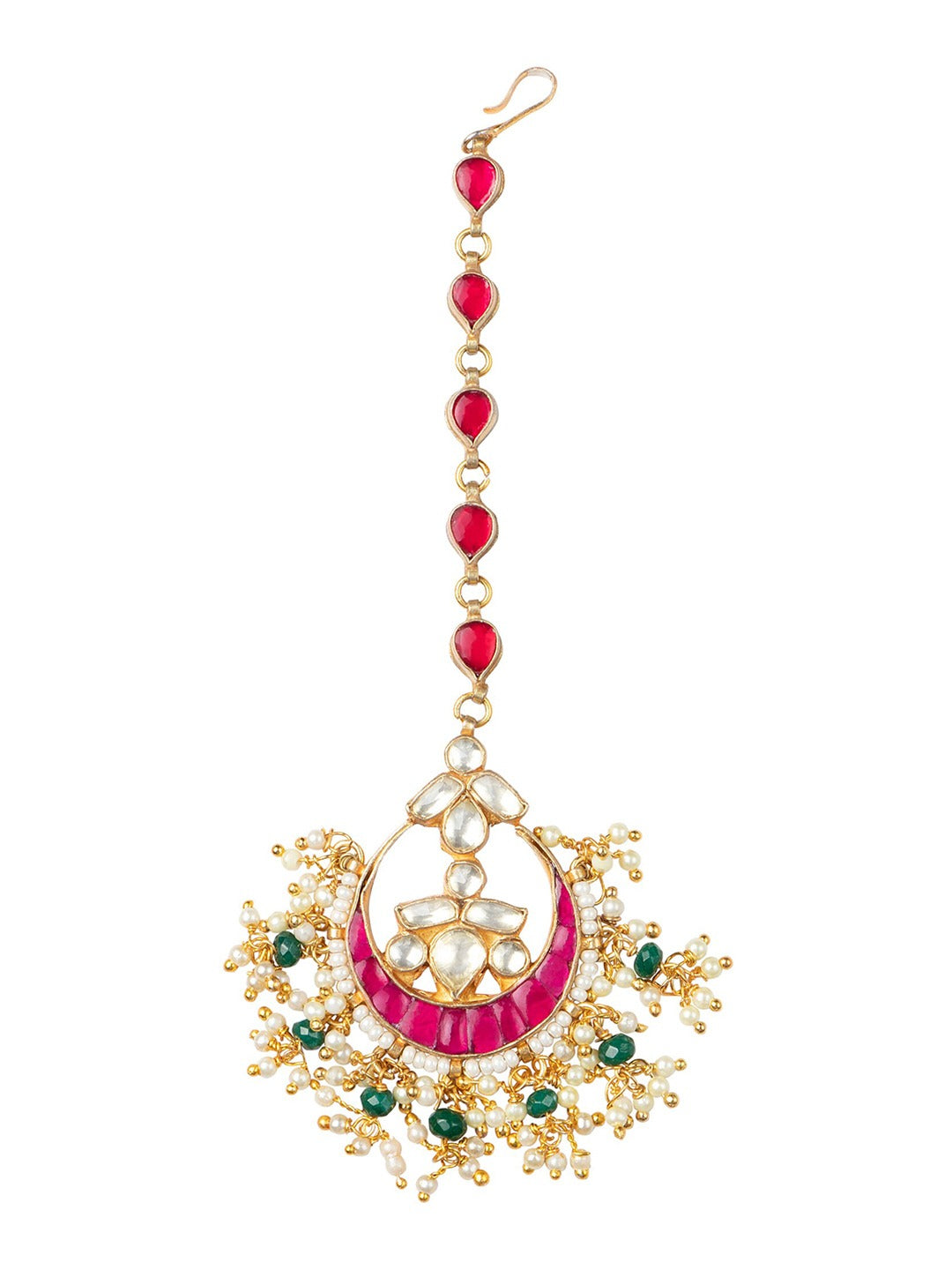 Women's Gold-Plated Pink & Green Kundan Studded And Beaded Handcrafted Maang Tikka