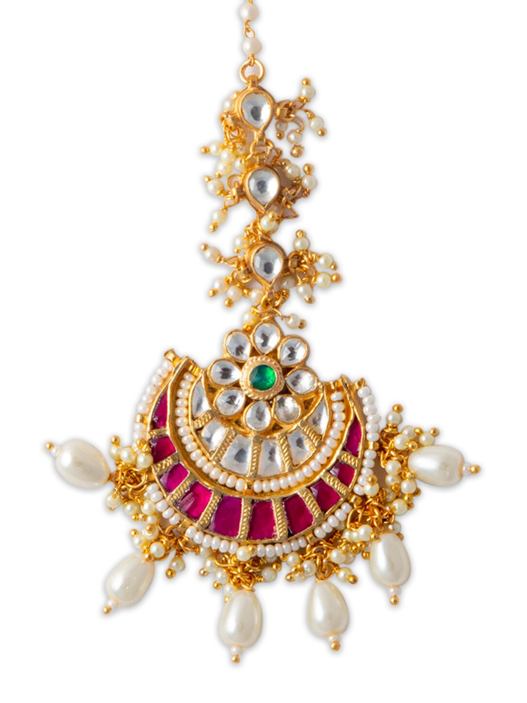 Women's Gold-Plated & Pink Pachi Kundan Stone-Studded Handcrafted Maang Tikka