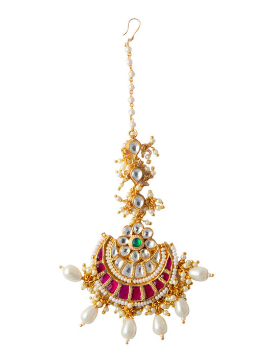 Women's Gold-Plated & Pink Pachi Kundan Stone-Studded Handcrafted Maang Tikka