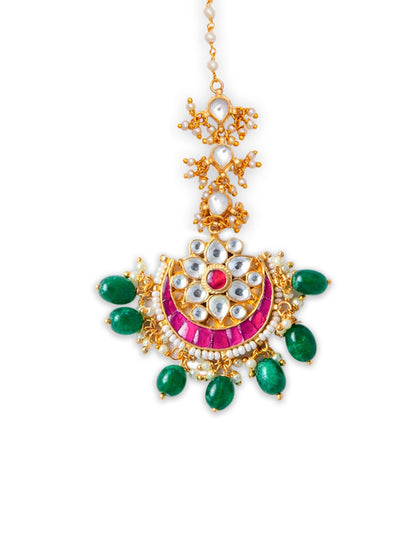 Women's Gold-Plated Pink & Green Kundan-Studded Beaded Handcrafted Maang Tikka