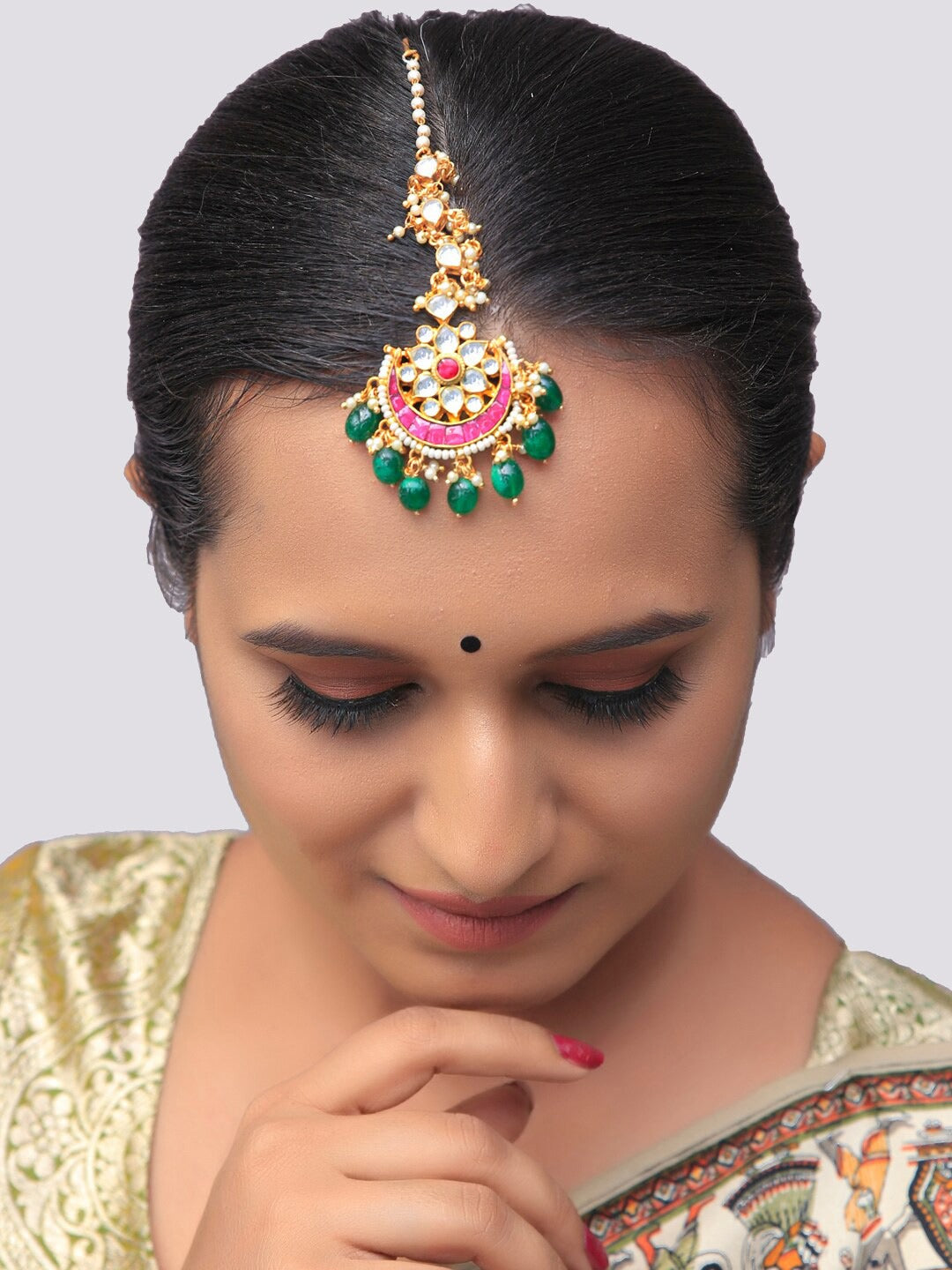 Women's Gold-Plated Pink & Green Kundan-Studded Beaded Handcrafted Maang Tikka