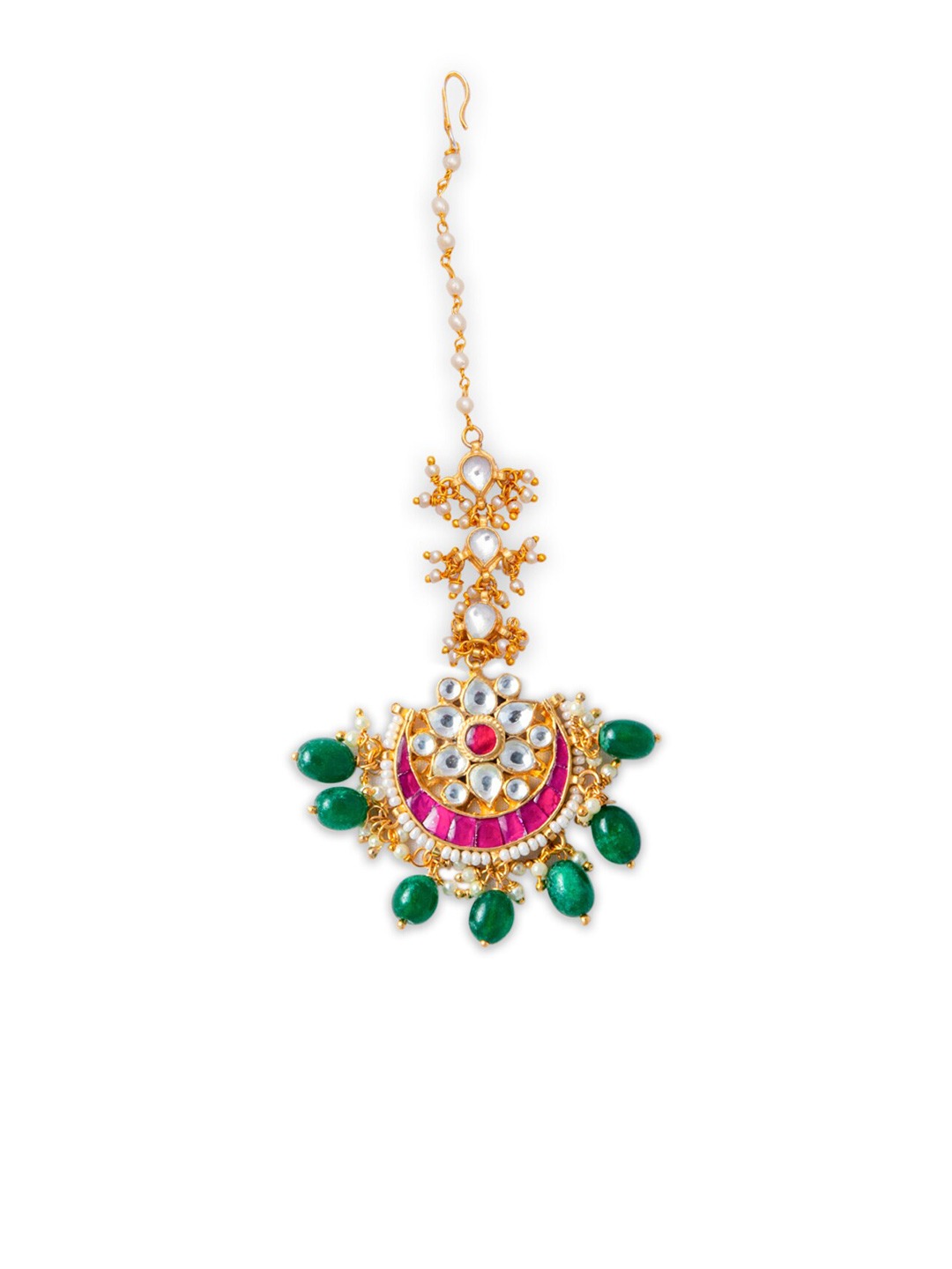 Women's Gold-Plated Pink & Green Kundan-Studded Beaded Handcrafted Maang Tikka