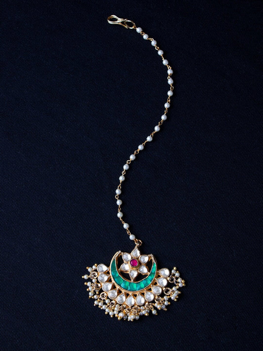 Women's Gold Plated Green & White Kundan Studded Maang Tikka