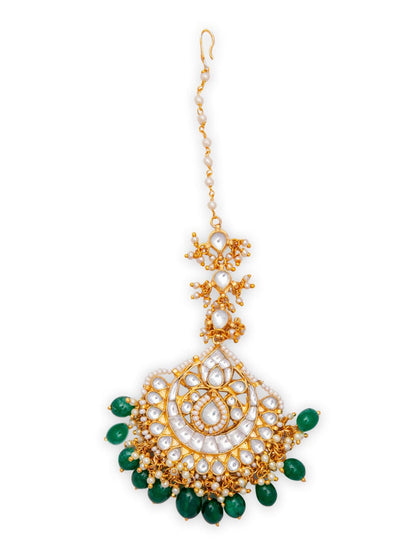 Women's Gold-Plated White & Green Kundan-Studded Pearl Beaded Handcrafted Maang Tikka