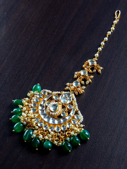 Women's Gold-Plated White & Green Kundan-Studded Pearl Beaded Handcrafted Maang Tikka