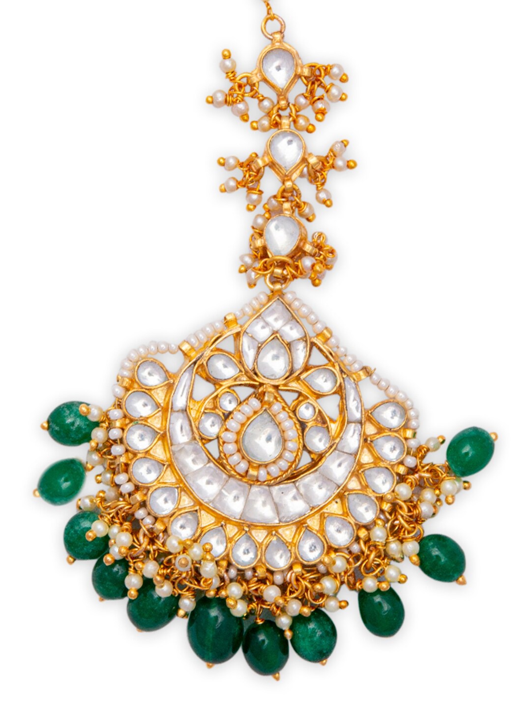 Women's Gold-Plated White & Green Kundan-Studded Pearl Beaded Handcrafted Maang Tikka