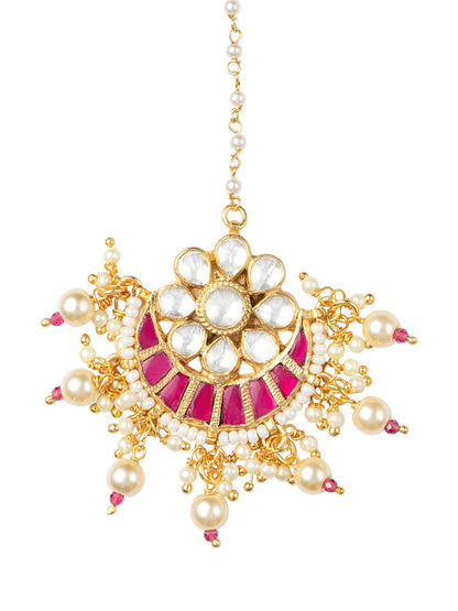 Women's Gold-Plated Pink & Green Kundan-Studded Maang Tikka