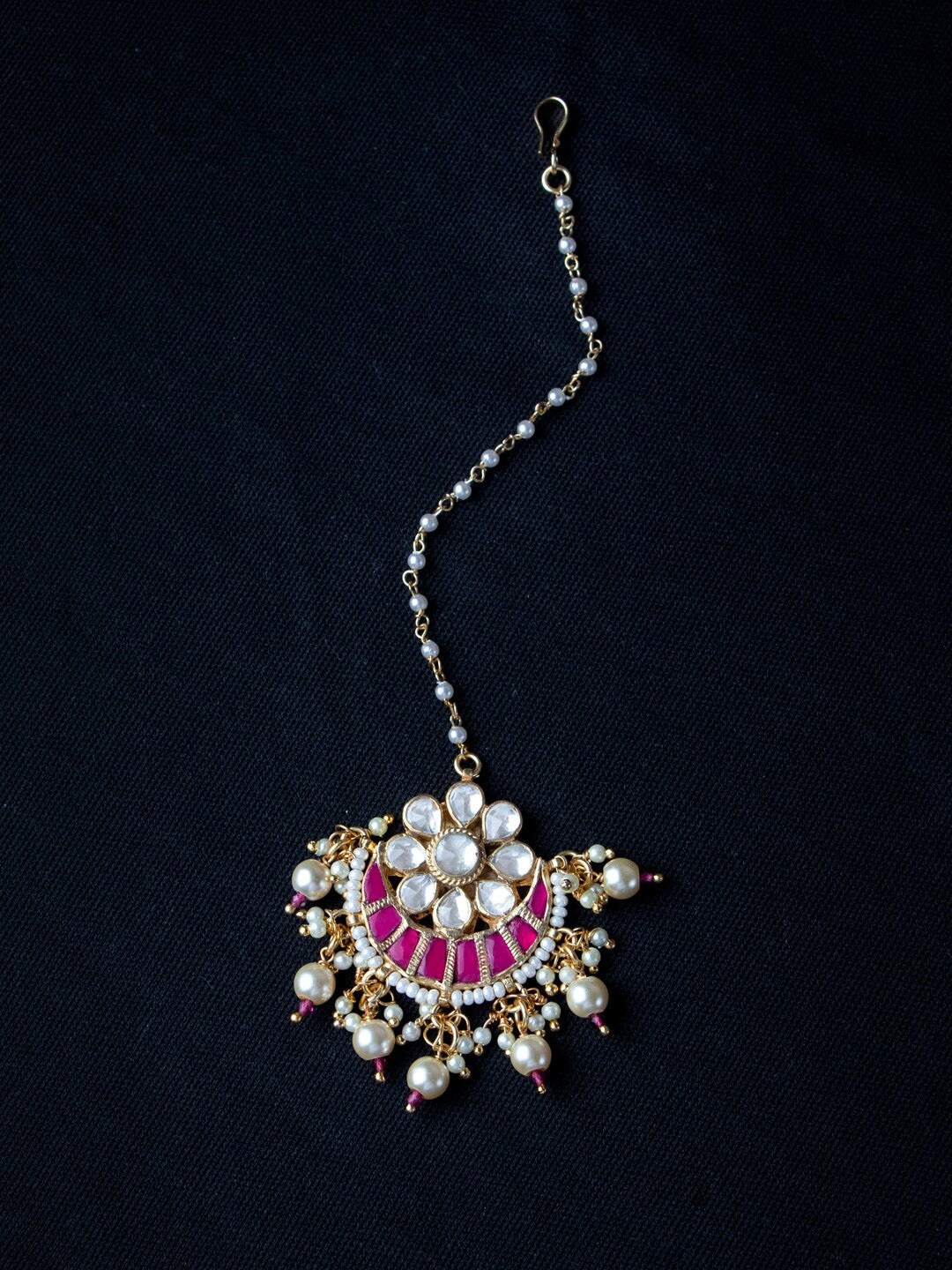 Women's Gold-Plated Pink & Green Kundan-Studded Maang Tikka