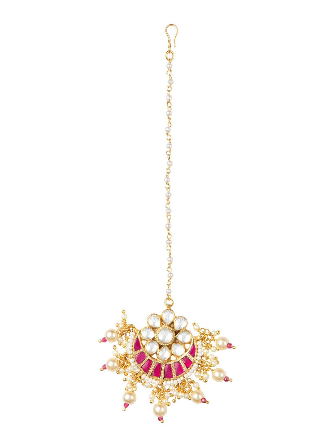 Women's Gold-Plated Pink & Green Kundan-Studded Maang Tikka