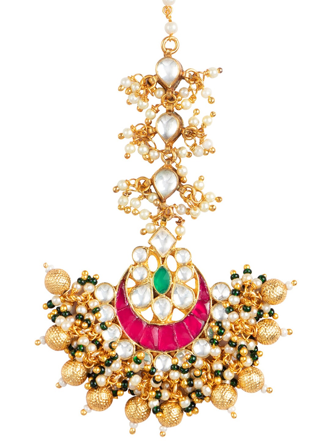 Women's 24K Rose Gold-Plated White & Pink Pacchi Kundan Studded Handcrafted Maang Tikka