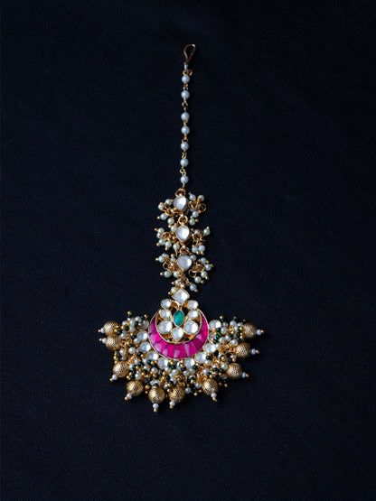 Women's 24K Rose Gold-Plated White & Pink Pacchi Kundan Studded Handcrafted Maang Tikka