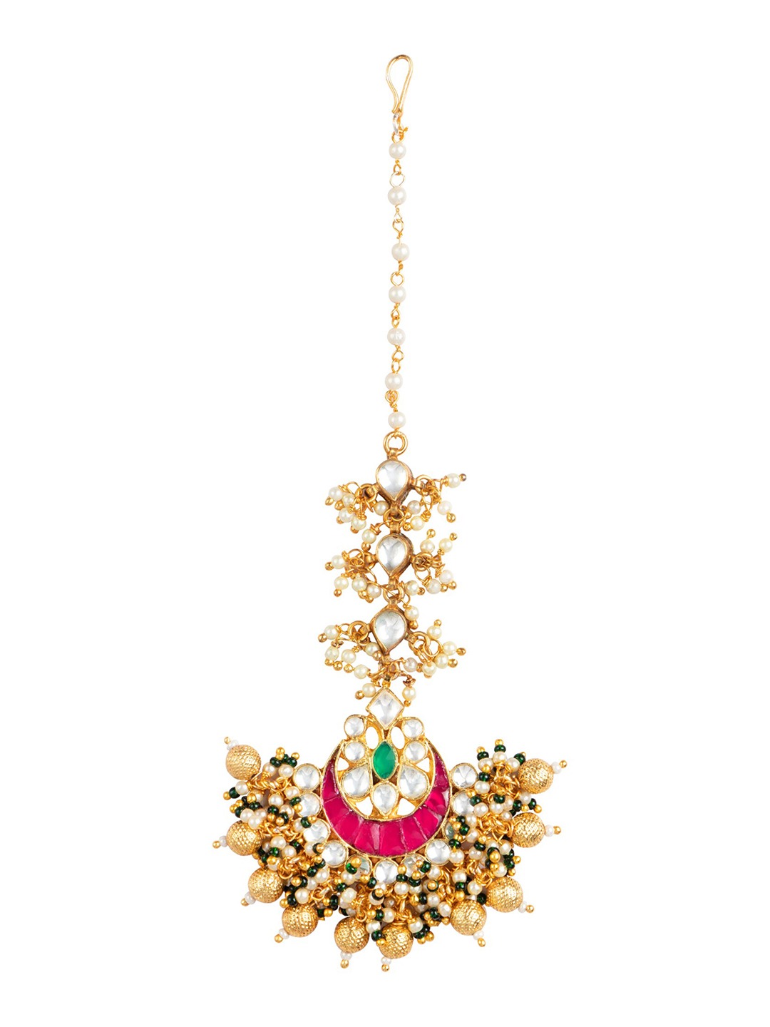 Women's 24K Rose Gold-Plated White & Pink Pacchi Kundan Studded Handcrafted Maang Tikka