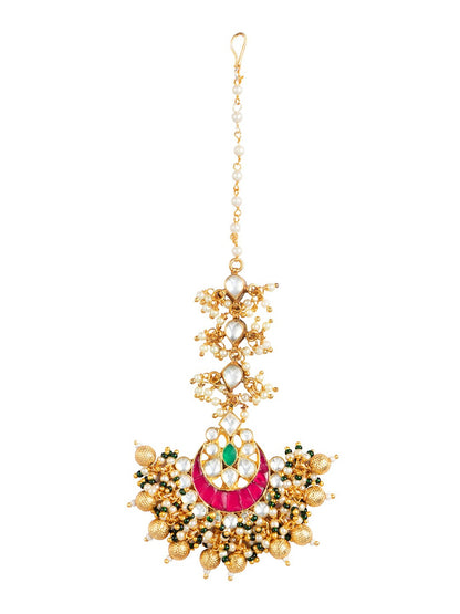 Women's 24K Rose Gold-Plated White & Pink Pacchi Kundan Studded Handcrafted Maang Tikka