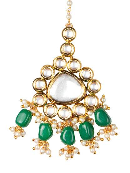 Women's 24K Gold-Plated & Green Kundan Stone Studded & Beaded Handcrafted Maang Tikka