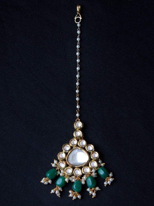 Women's 24K Gold-Plated & Green Kundan Stone Studded & Beaded Handcrafted Maang Tikka