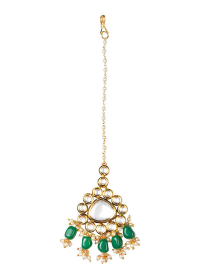 Women's 24K Gold-Plated & Green Kundan Stone Studded & Beaded Handcrafted Maang Tikka