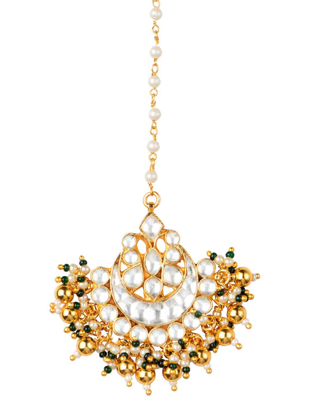 Women's 4K Gold-Plated White & Green Pacchi Kundan Studded Handcrafted Maang Tikka