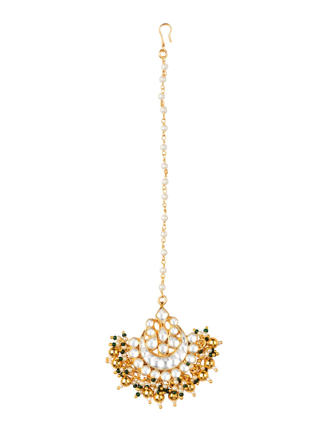 Women's 4K Gold-Plated White & Green Pacchi Kundan Studded Handcrafted Maang Tikka