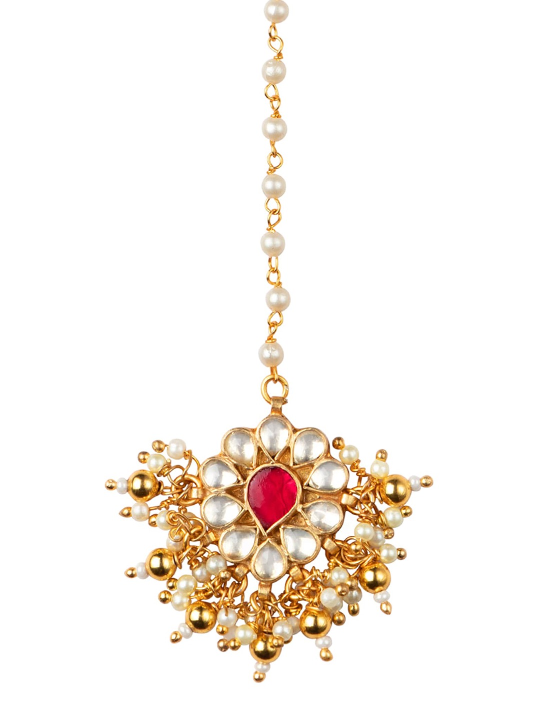 Women's 24K Gold-Plated White & Red Kundan-Studded Pearl Embellished Maang Tikka