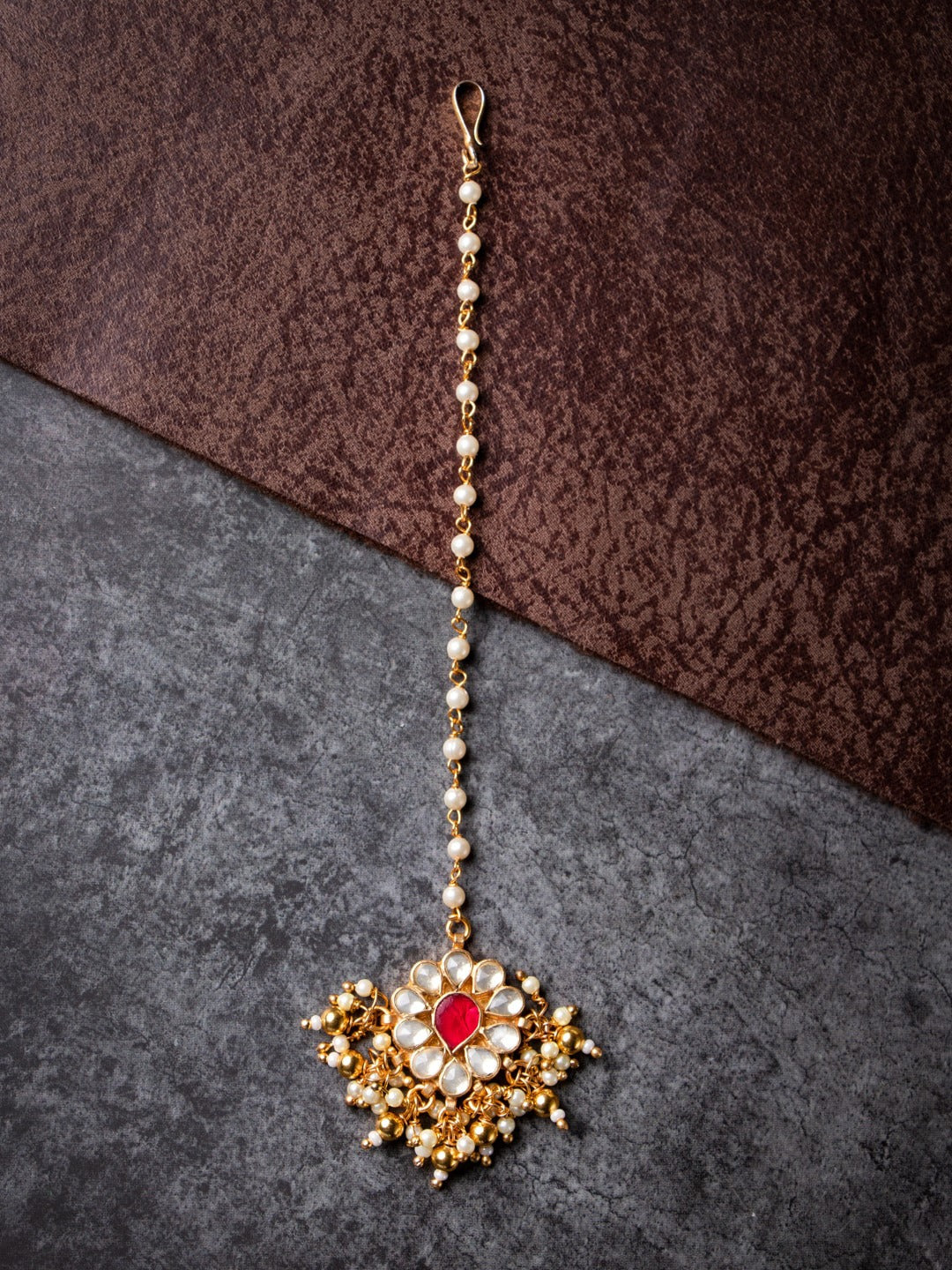 Women's 24K Gold-Plated White & Red Kundan-Studded Pearl Embellished Maang Tikka