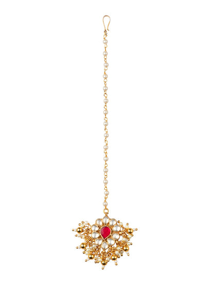 Women's 24K Gold-Plated White & Red Kundan-Studded Pearl Embellished Maang Tikka