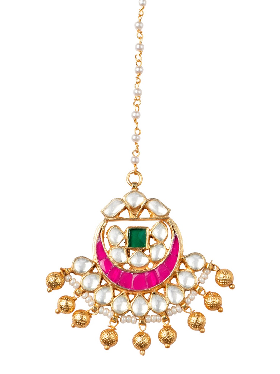 Women's Gold-Plated Pink & White Kundan Studded Handcrafted Maangtika