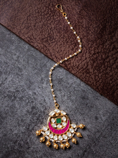 Women's Gold-Plated Pink & White Kundan Studded Handcrafted Maangtika