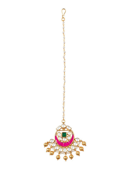 Women's Gold-Plated Pink & White Kundan Studded Handcrafted Maangtika