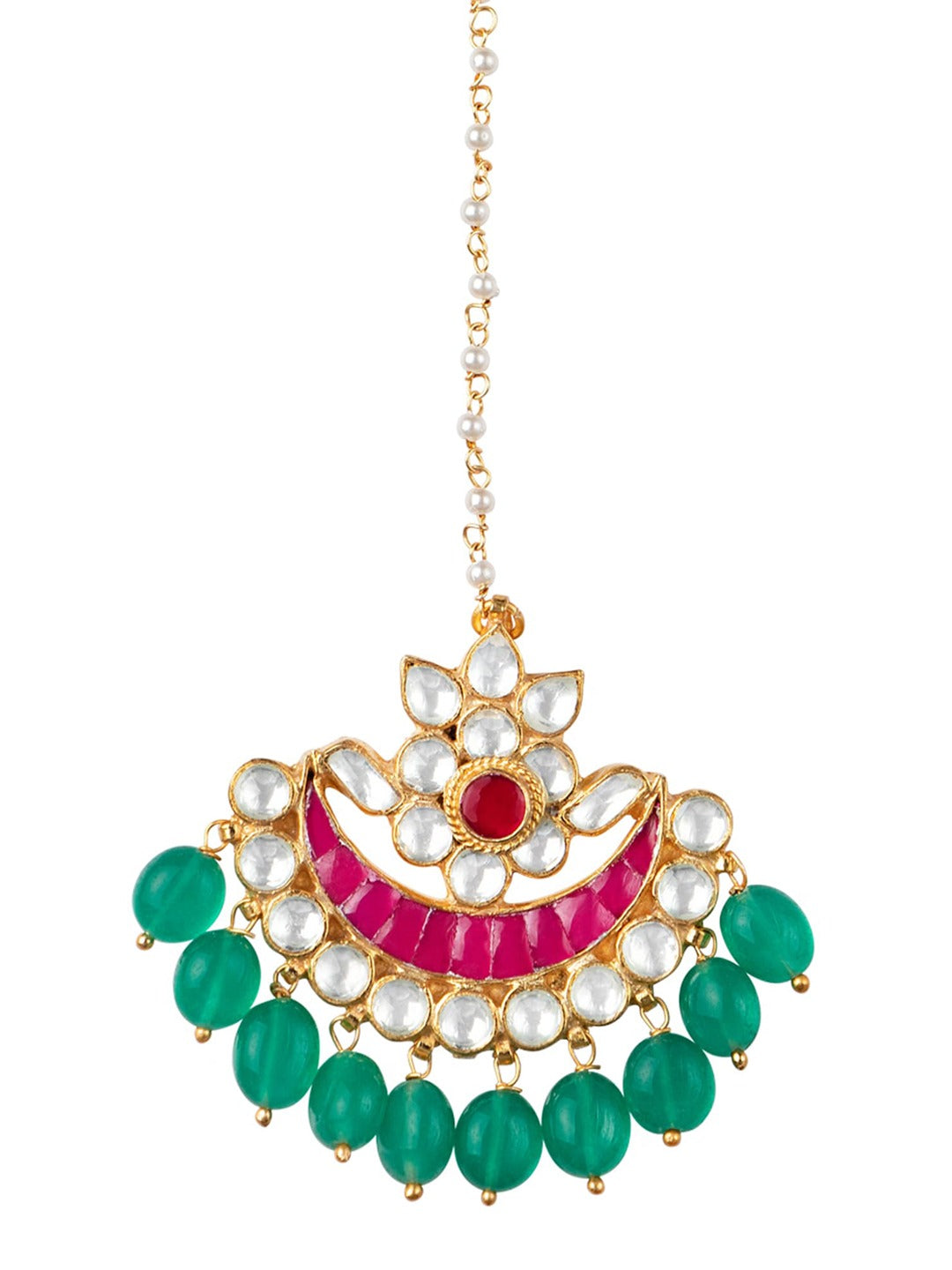 Women's Gold-Plated White & Pink Kundan-Studded Handcrafted Maang Tikka