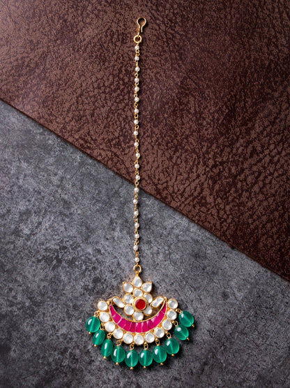 Women's Gold-Plated White & Pink Kundan-Studded Handcrafted Maang Tikka